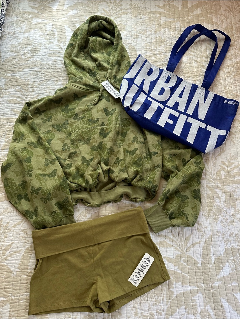 Urban Outfitters Olive Green Butterfly Cropped Hoodie Women Matching Set Sm NWT